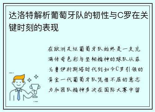 达洛特解析葡萄牙队的韧性与C罗在关键时刻的表现